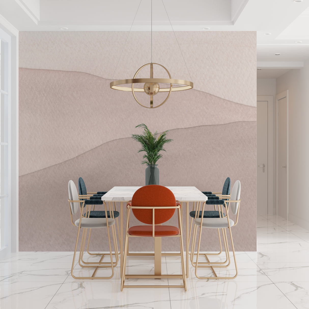 Abstract wave wallpaper in modern living room, soft beige tones creating calm atmosphere