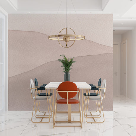 Abstract wave wallpaper in modern living room, soft beige tones creating calm atmosphere