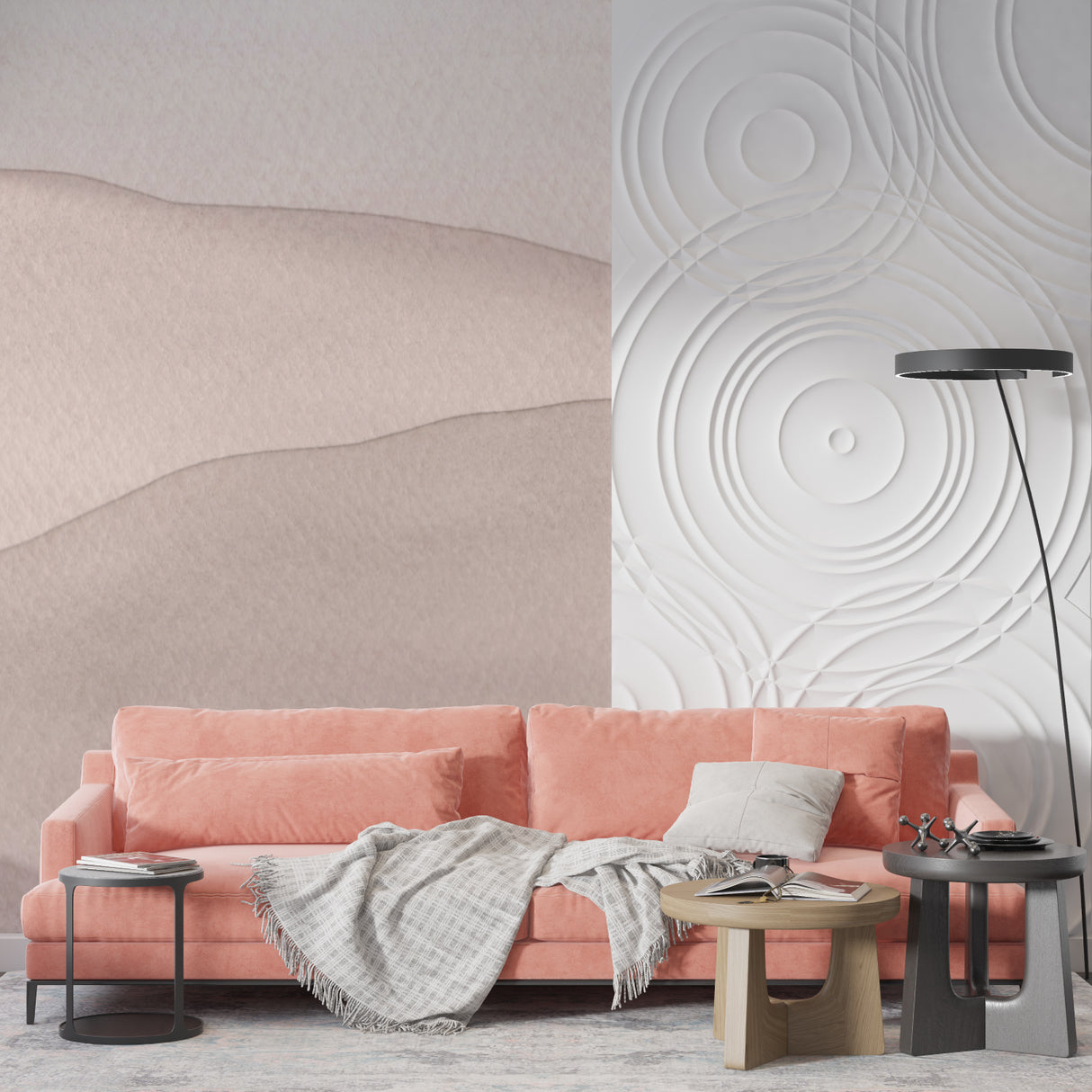 Minimalist wave mural in bright bedroom, showing flowing curves and gentle movement