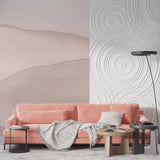 Minimalist wave mural in bright bedroom, showing flowing curves and gentle movement