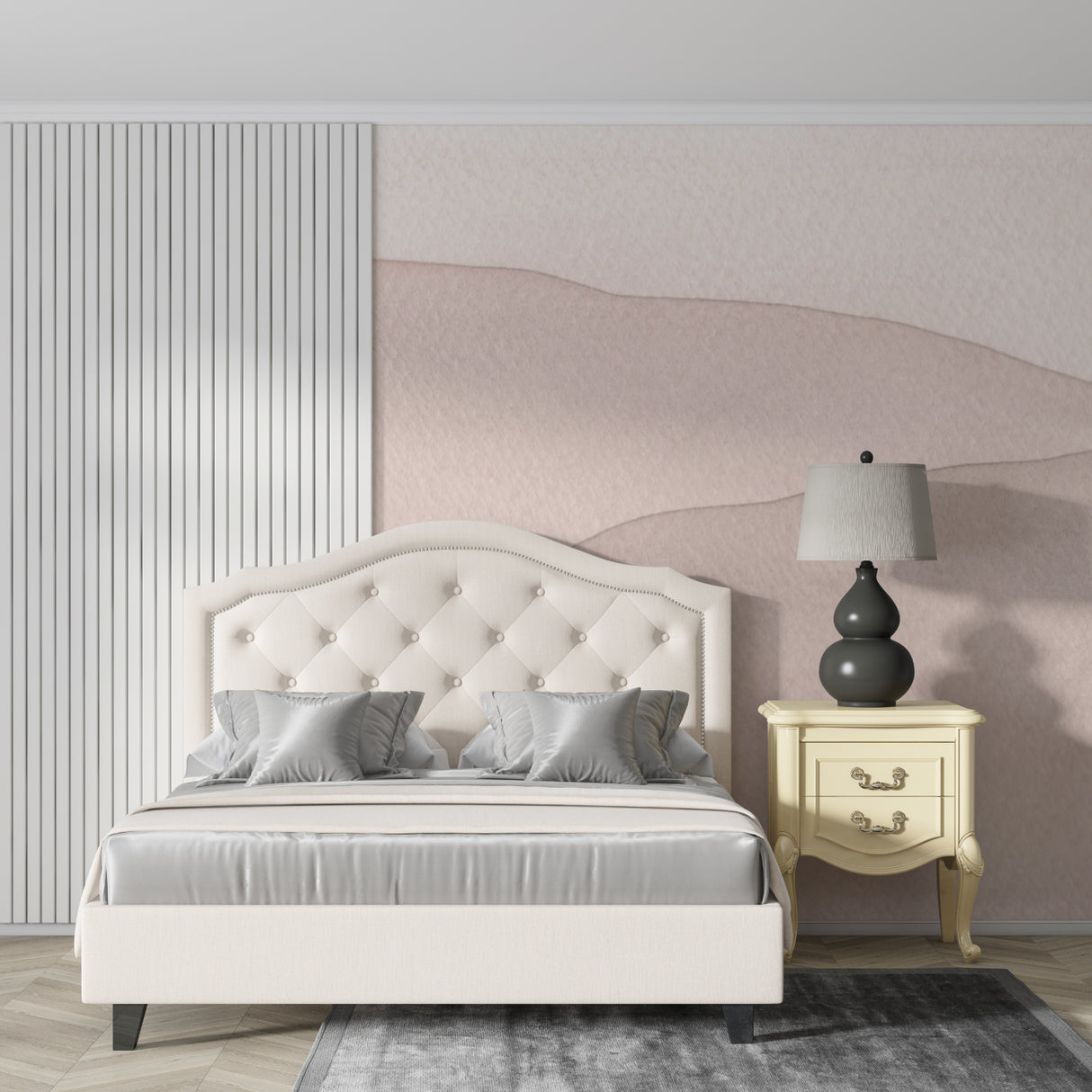 Beige abstract wallpaper in home office space, highlighting clean lines and depth