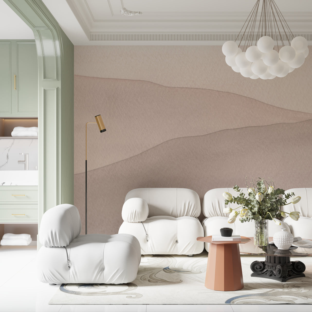 Modern wave design wallpaper in dining room, demonstrating neutral color harmony