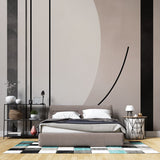 Modern abstract curved lines wallpaper in a bright contemporary living room with minimal furniture