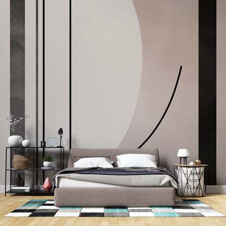 Modern abstract curved lines wallpaper in a bright contemporary living room with minimal furniture
