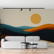 Modern living room featuring Abstract Desert Sunset Wallpaper with minimalist furniture and natural lighting