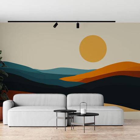 Modern living room featuring Abstract Desert Sunset Wallpaper with minimalist furniture and natural lighting
