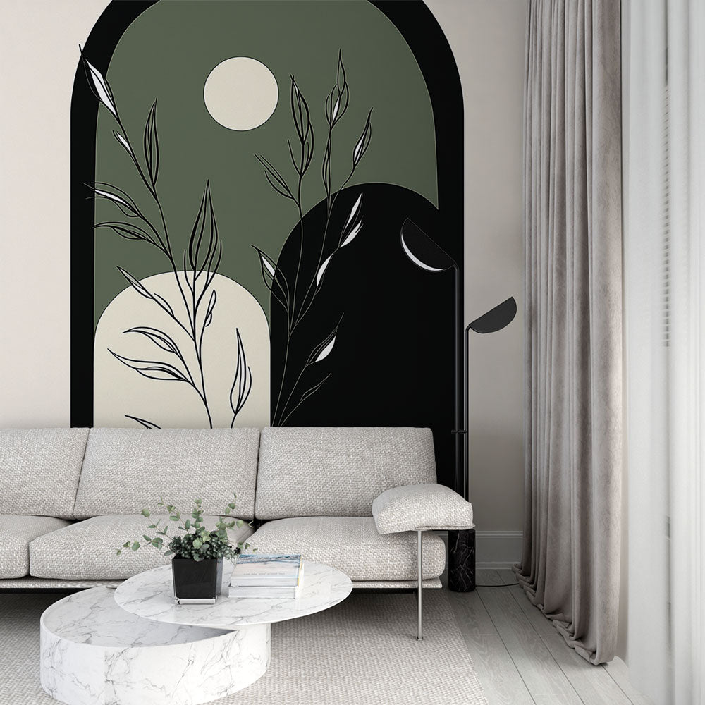 Abstract botanical wallpaper with moon design styled in a modern bedroom, creating a peaceful sanctuary feel