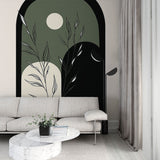 Abstract botanical wallpaper with moon design styled in a modern bedroom, creating a peaceful sanctuary feel