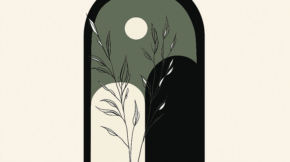 Minimalist foliage and moon design file showing delicate leaf patterns and geometric shapes on sage green background