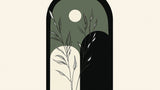 Minimalist foliage and moon design file showing delicate leaf patterns and geometric shapes on sage green background
