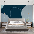 Modern geometric circle wallpaper in a minimalist living room setting with contemporary furniture and natural lighting
