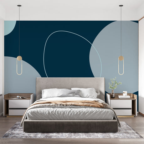 Modern geometric circle wallpaper in a minimalist living room setting with contemporary furniture and natural lighting