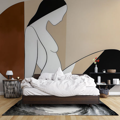 Abstract line art wallpaper in modern living room showing minimalist silhouette design against terracotta and beige background