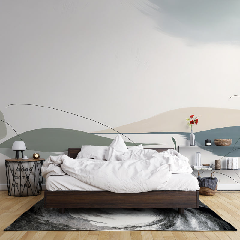 Modern abstract watercolor wallpaper in bright living room with minimal furniture