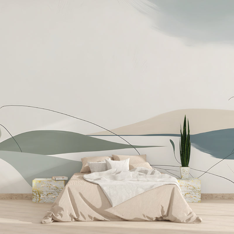 Minimalist landscape mural in contemporary bedroom setting