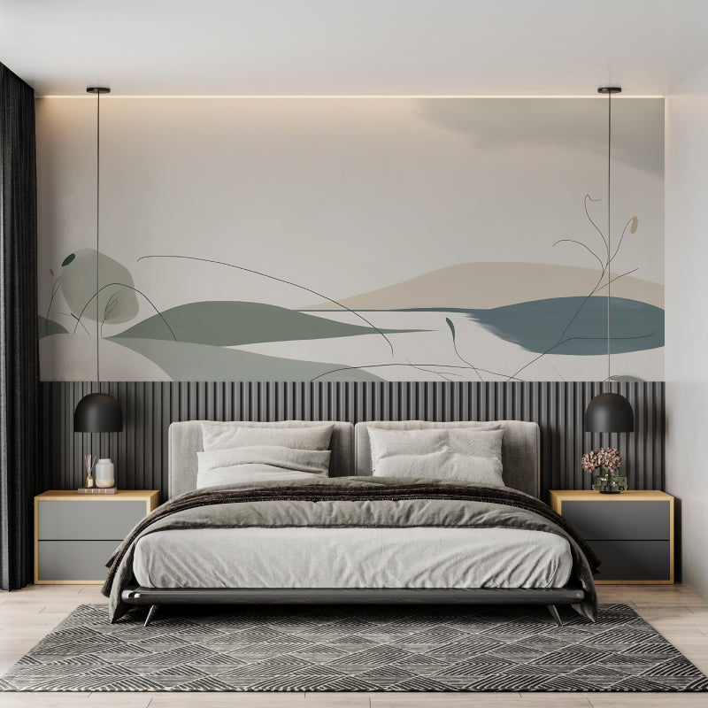 Abstract watercolor wall design in modern home office space