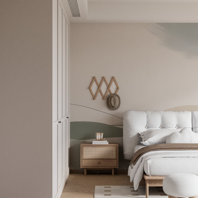 Watercolor landscape wallpaper in minimal dining room