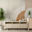 Modern abstract arch wallpaper in terracotta and white creating a cozy atmosphere in a minimalist living room