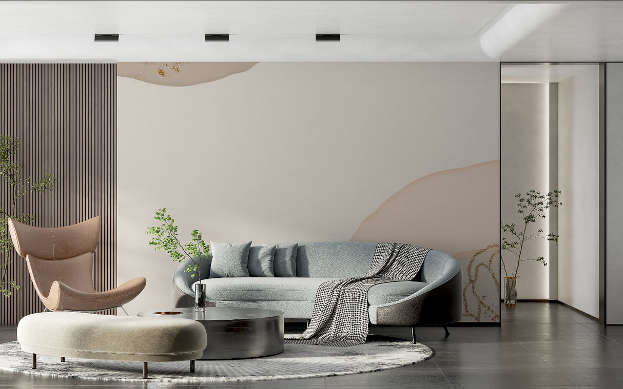 Modern living room with beige and gold abstract wave wallpaper creating a peaceful atmosphere