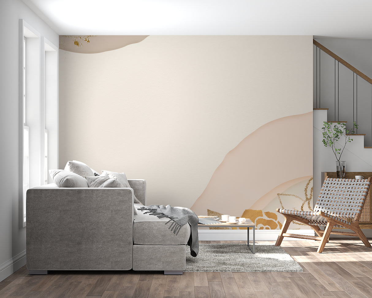 Dining area transformed by modern beige and gold abstract wall mural