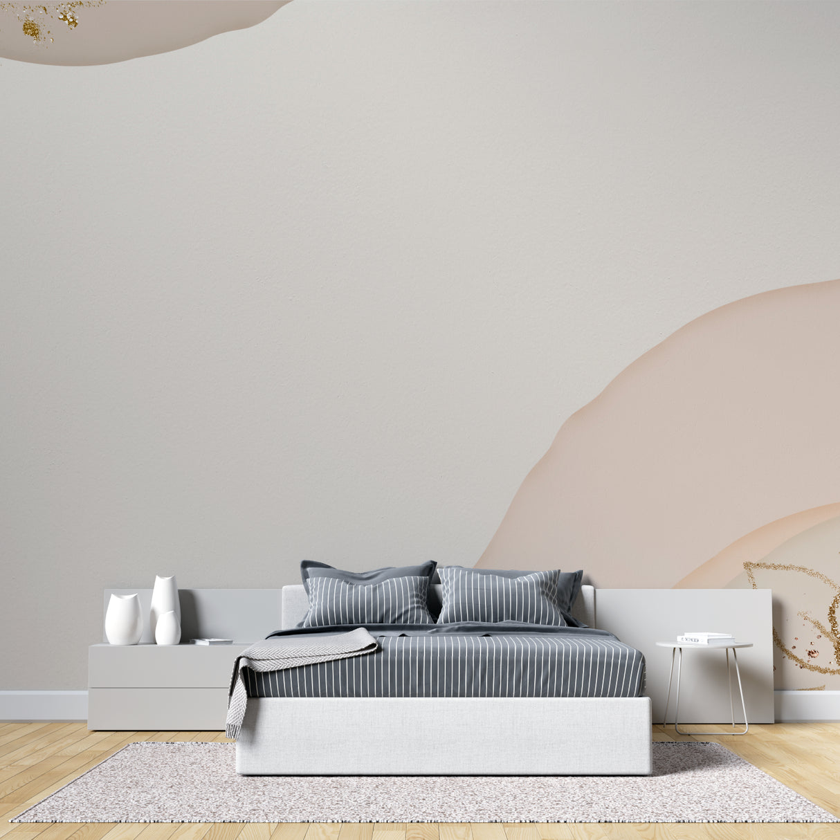Home office space with calming wave pattern wallpaper in beige and gold tones