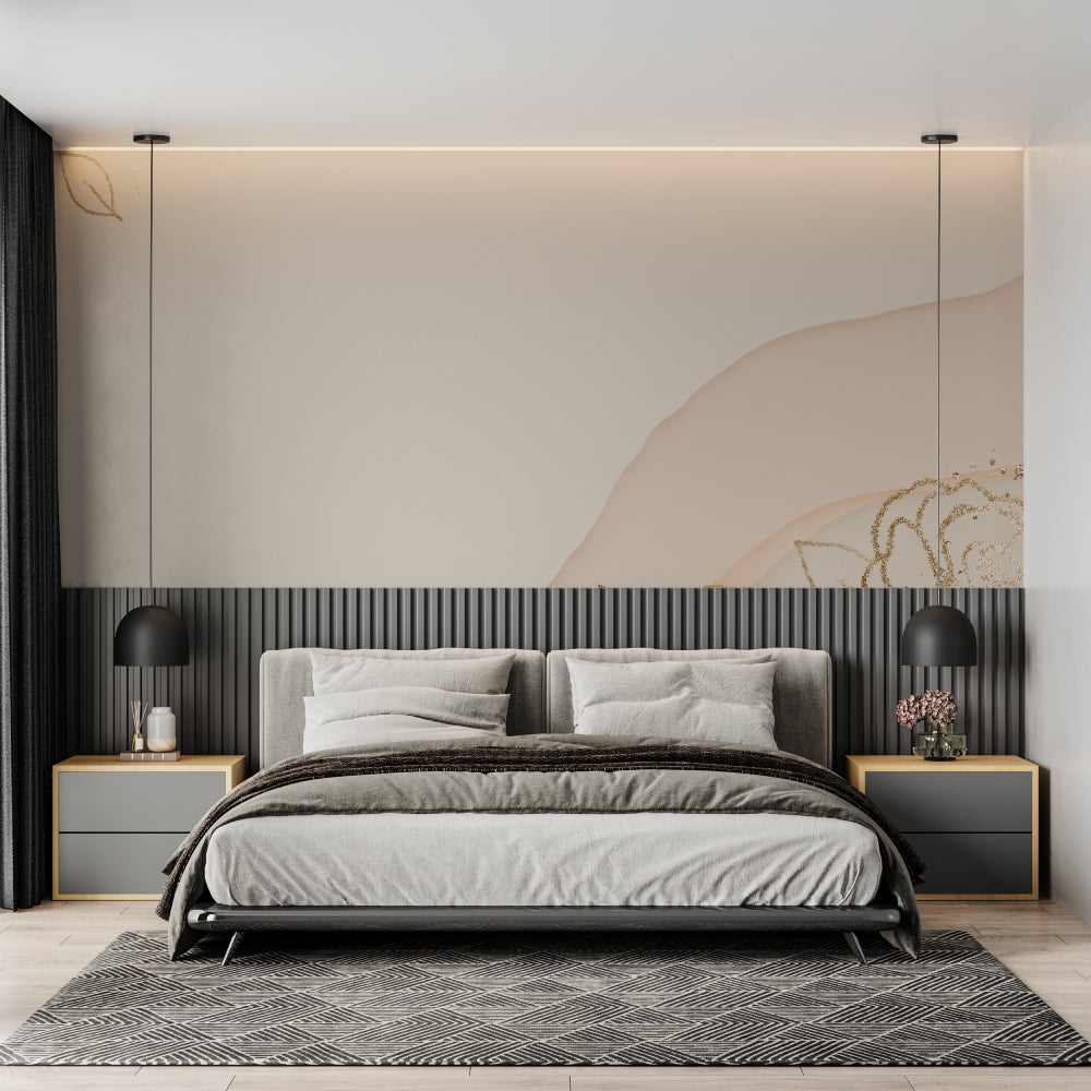 Entrance hall featuring flowing abstract wallpaper with metallic gold accents