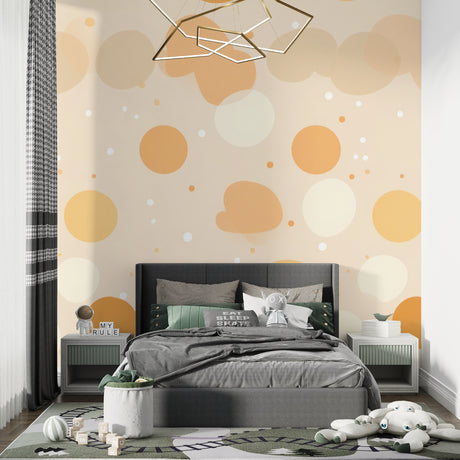 Modern circle wallpaper in a bright living room, showing floating beige and ochre shapes creating depth