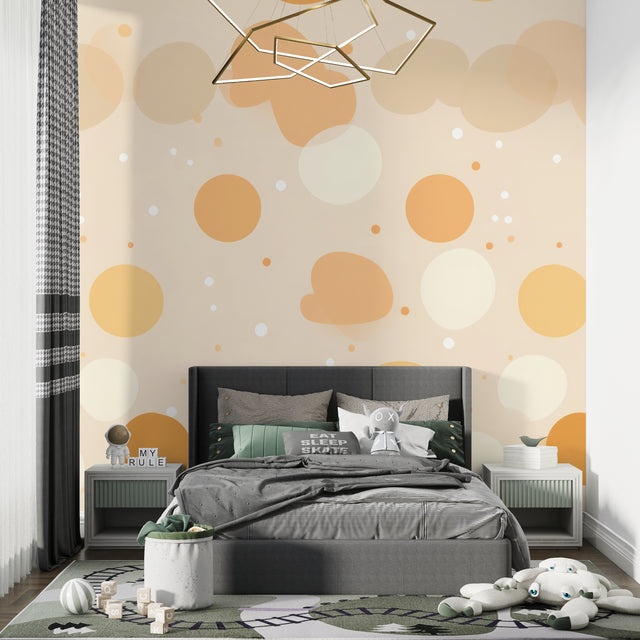Modern circle wallpaper in a bright living room, showing floating beige and ochre shapes creating depth