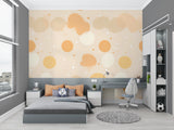 Abstract circle wall mural in home office with natural light highlighting the warm ochre tones
