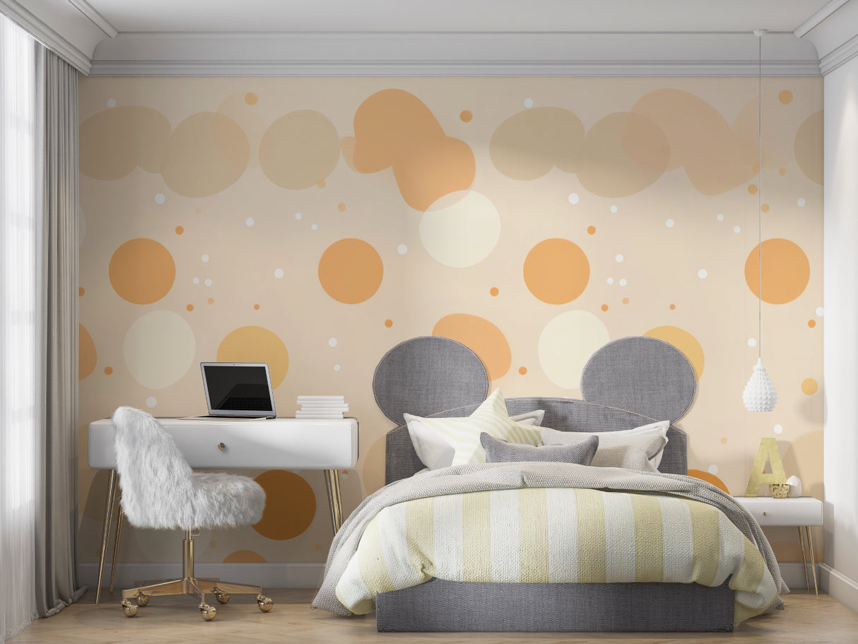 Modern abstract wallpaper with circles in bedroom showing scale and movement