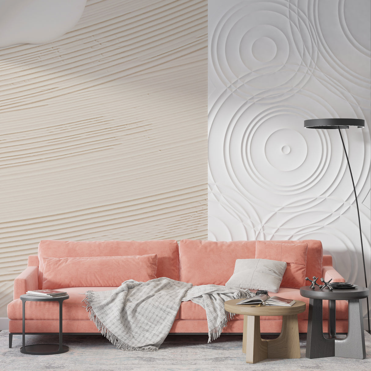 Abstract wave mural creating depth in modern bedroom with neutral decor