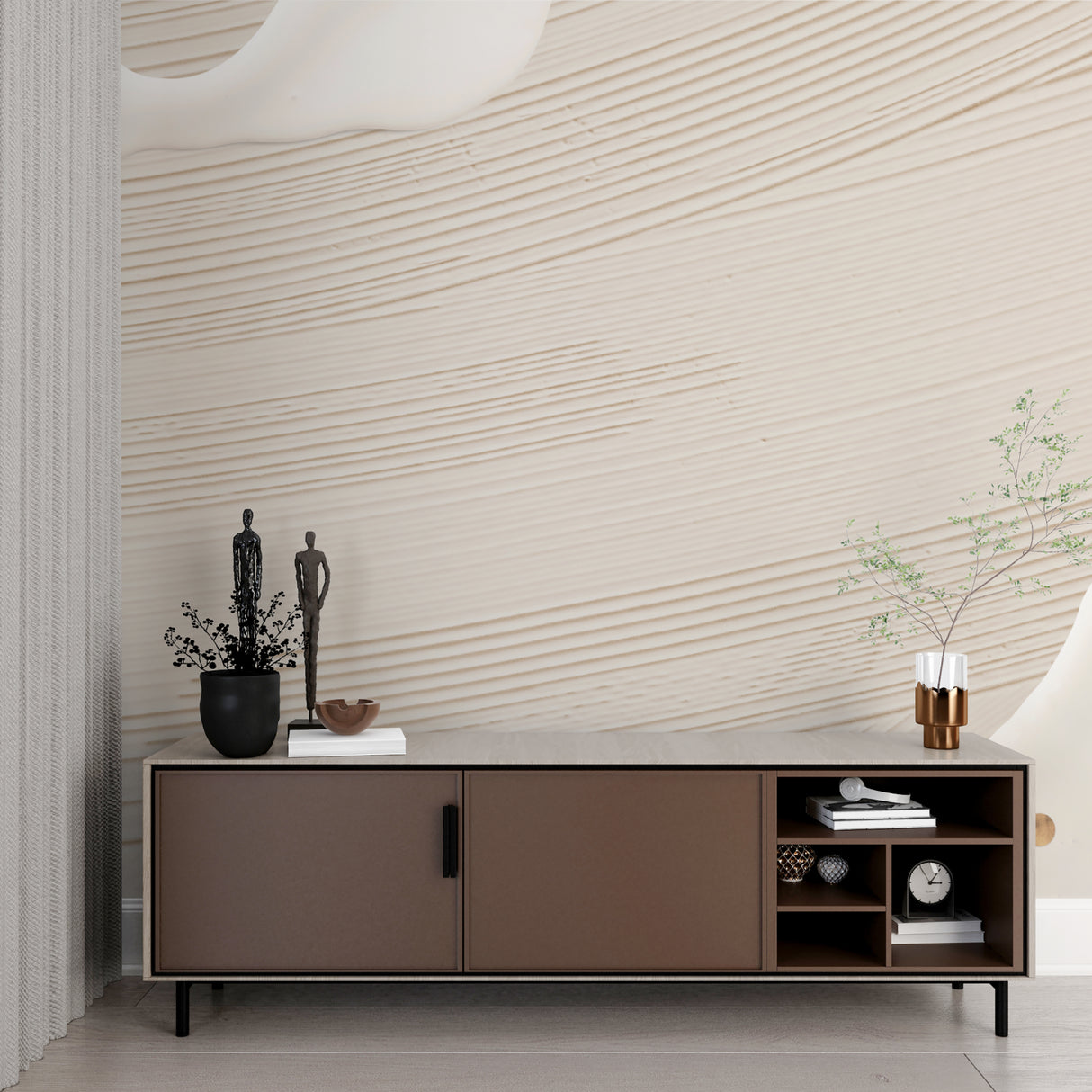 Linear wave mural installation in upscale hotel lobby showing scale