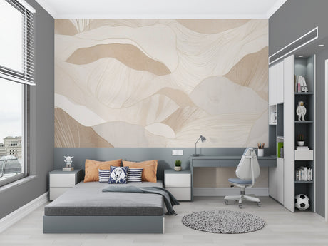 Modern beige wave wallpaper in bright living room setting with minimalist furniture