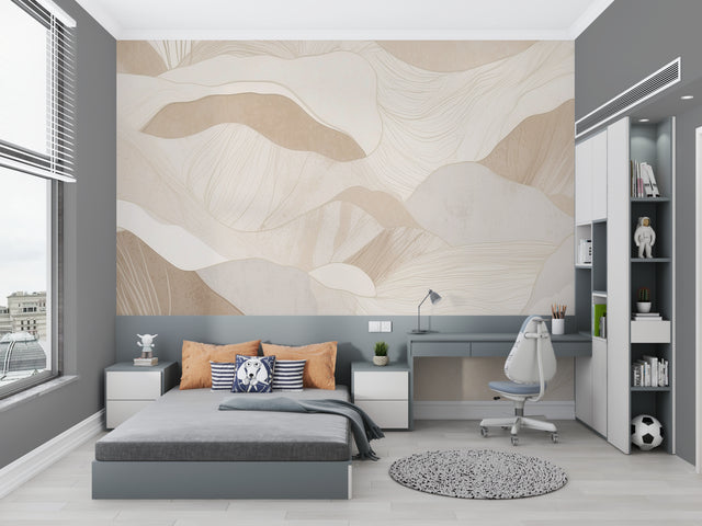 Modern beige wave wallpaper in bright living room setting with minimalist furniture