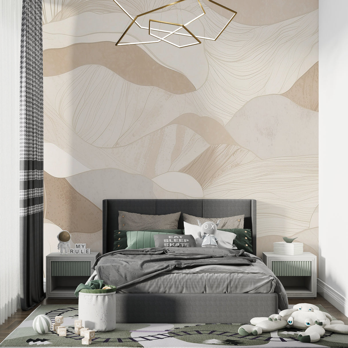 Abstract wave pattern wallpaper creating flow in master bedroom