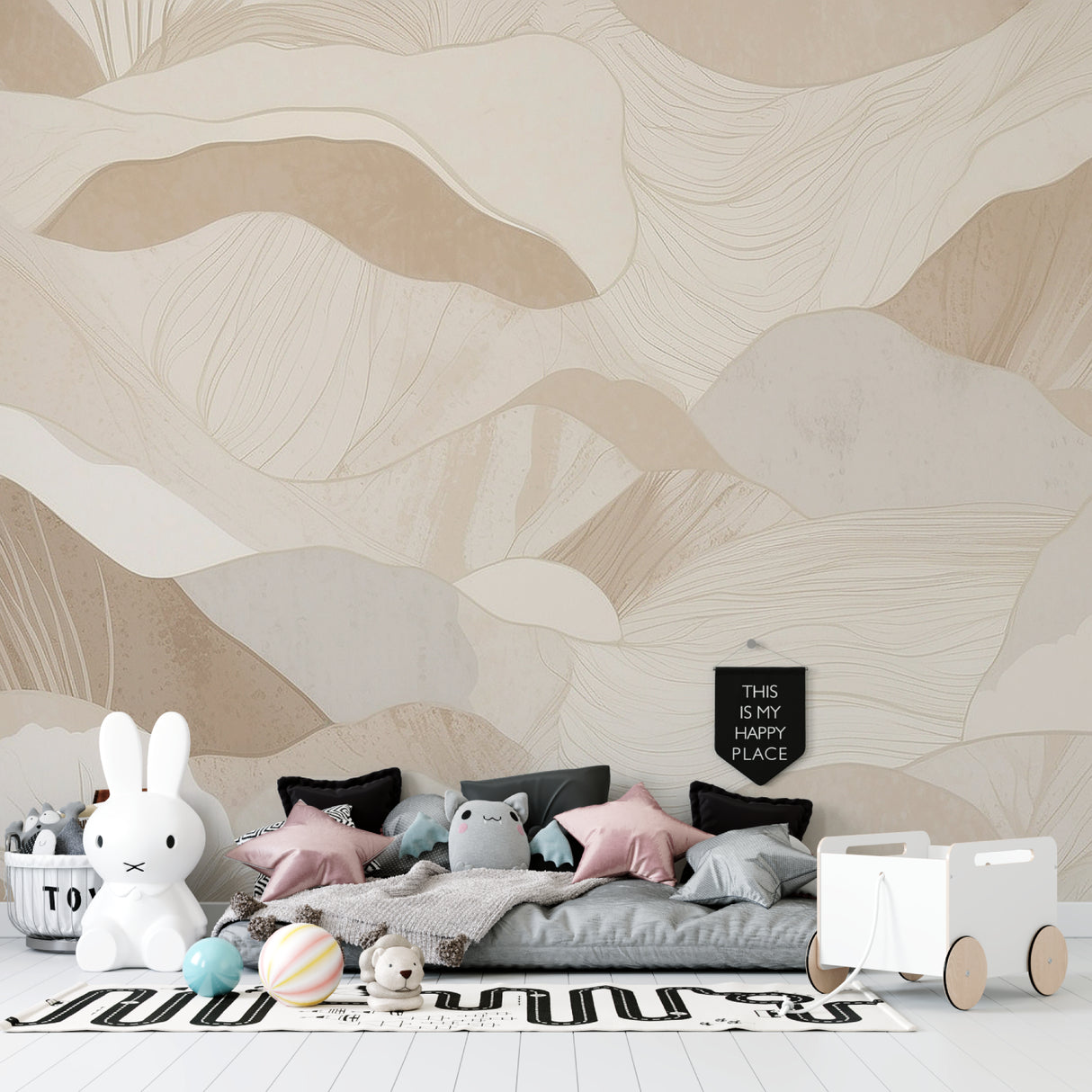 Beige wave wallpaper making office space feel open and modern