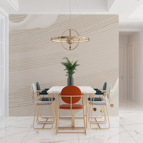 Modern wave pattern wallpaper in bright living room with minimalist furniture