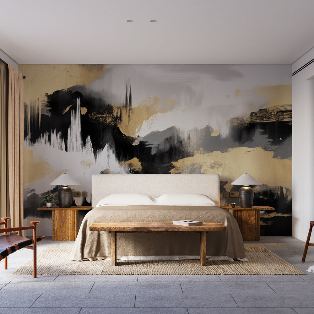 Modern black and gold abstract wallpaper creating a stunning focal point in a minimalist living room with high ceilings
