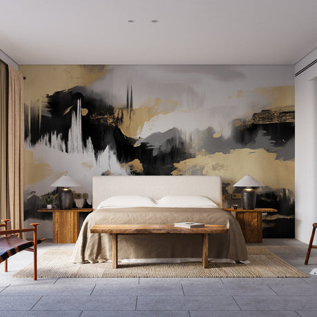 Modern black and gold abstract wallpaper creating a stunning focal point in a minimalist living room with high ceilings