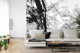 Modern Abstract Wallpaper in sleek living room, black and white brushstrokes create dramatic focal point