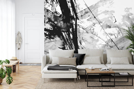 Modern Abstract Wallpaper in sleek living room, black and white brushstrokes create dramatic focal point