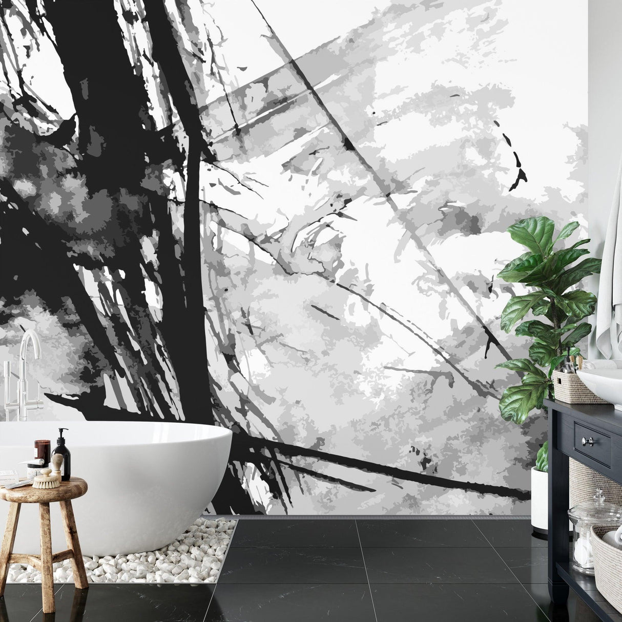 Black and White Abstract Wall Mural in minimalist office space enhancing work environment