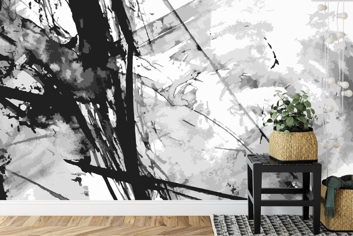 Abstract Brushstroke Wallpaper making statement in contemporary dining room