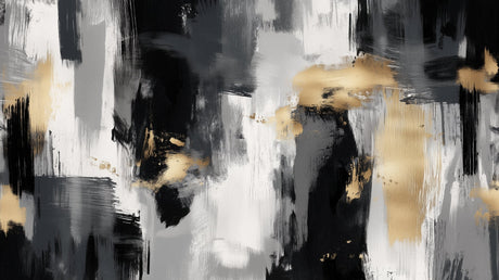 Modern black and gold abstract wallpaper creating dramatic impact in a minimalist living room setting