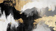 Modern black and gold abstract wall mural creating dramatic impact in a minimal living room with high ceilings