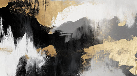 Modern black and gold abstract wall mural creating dramatic impact in a minimal living room with high ceilings