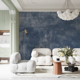 Abstract blue stone wallpaper creating depth in a modern dining room setting