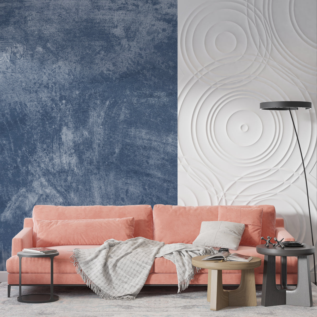 Blue abstract wallpaper adding texture to a stylish bedroom wall