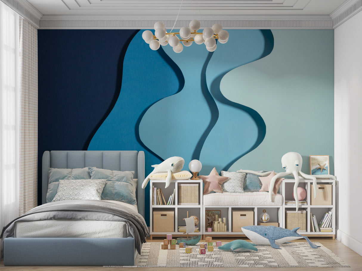 Modern blue wave wallpaper creating depth in a minimalist living room with natural light