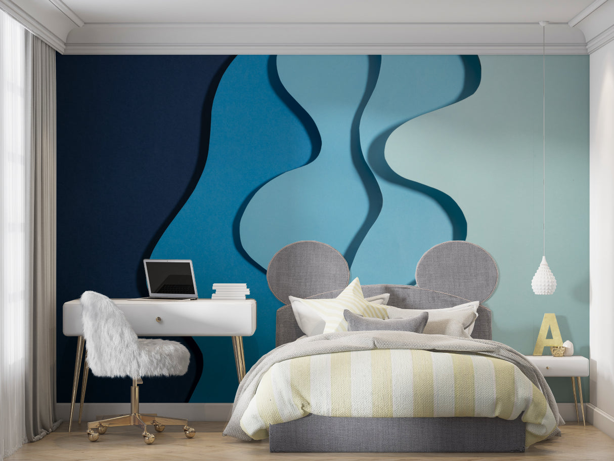 Abstract blue wave mural adding movement to a contemporary bedroom wall